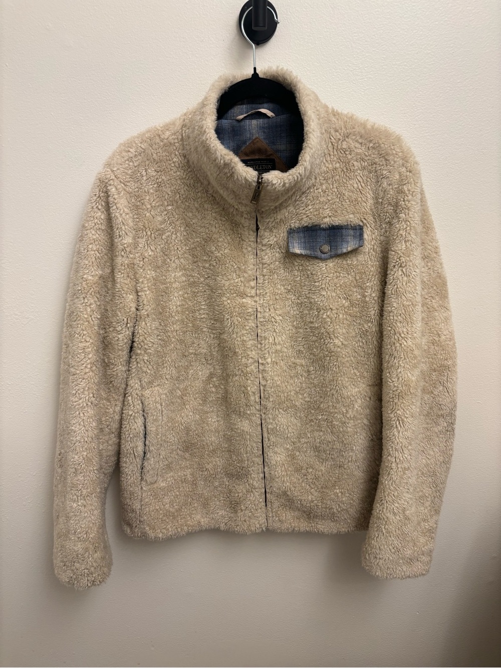 Pendleton Sherpa Jacket Cream with Blue Plaid Full-Zip Women’s Large Cozy Teddy